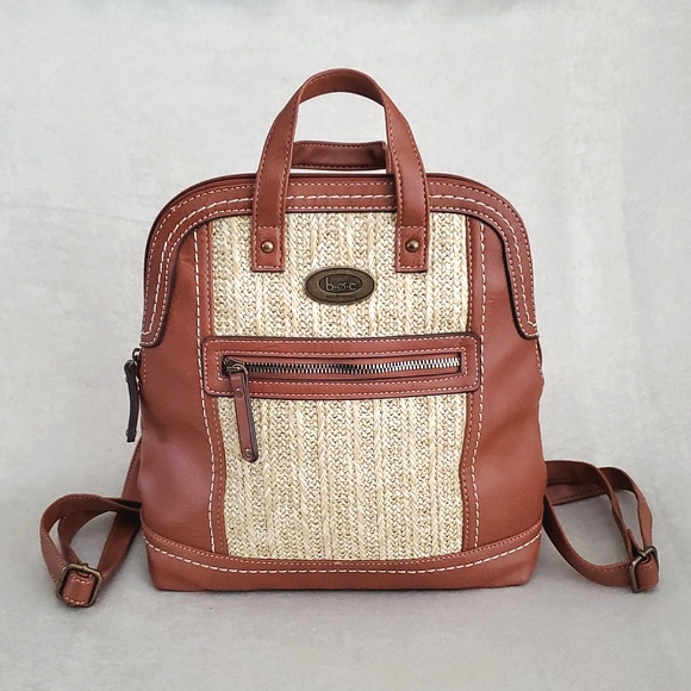 BORN CONCEPT Saddle Textured Brown Vinyl Woven Mesh Backpack